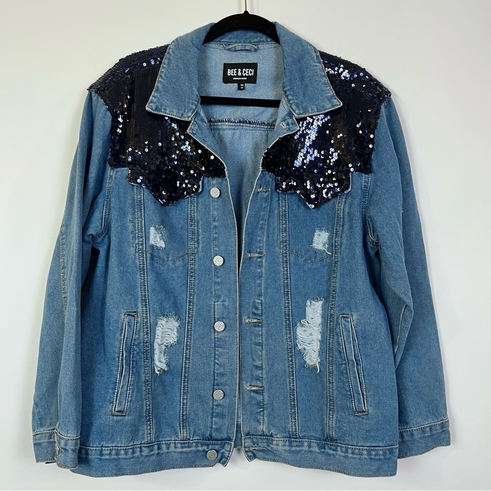Bee & Ceci Denim Jacket with Blue Sequins – Size 2XL